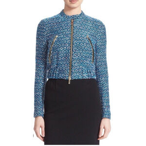 DVF Tweed Blazer Jacket 8 Blue Full Zip Buckley Woven Crop Pockets